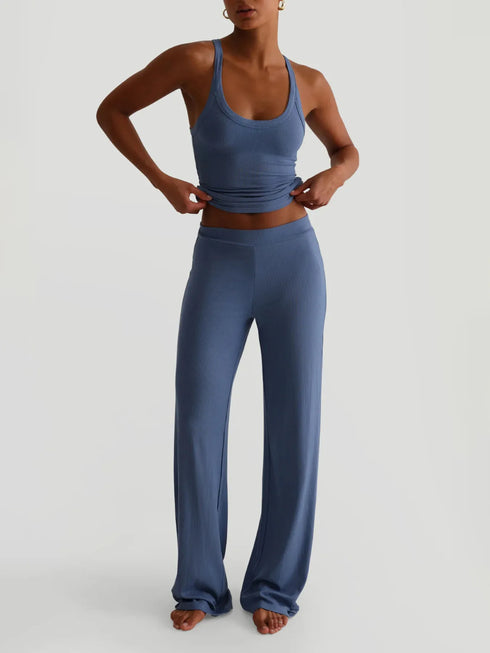 Ribbed Tank and High-Waisted Pants Active Set Blue - Fashorio