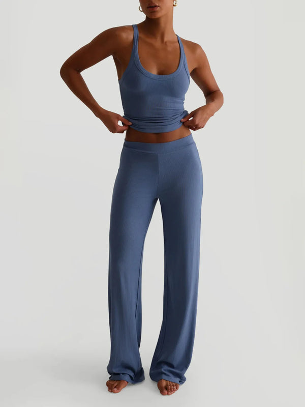 Ribbed Tank and High-Waisted Pants Active Set Blue - Fashorio