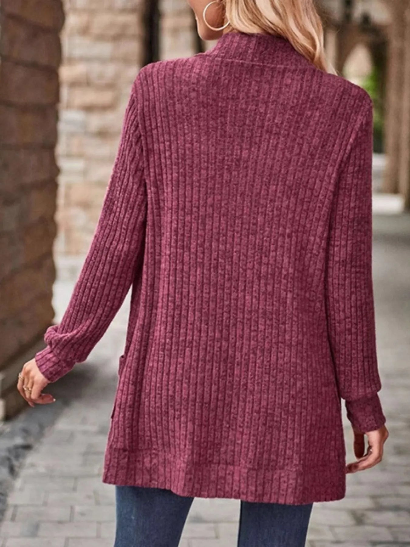 Ribbed Knit Open Front Cardigan with Pockets - Fashorio