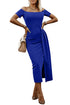 Off-Shoulder Short Sleeve Split Dress Royal Blue - Fashorio