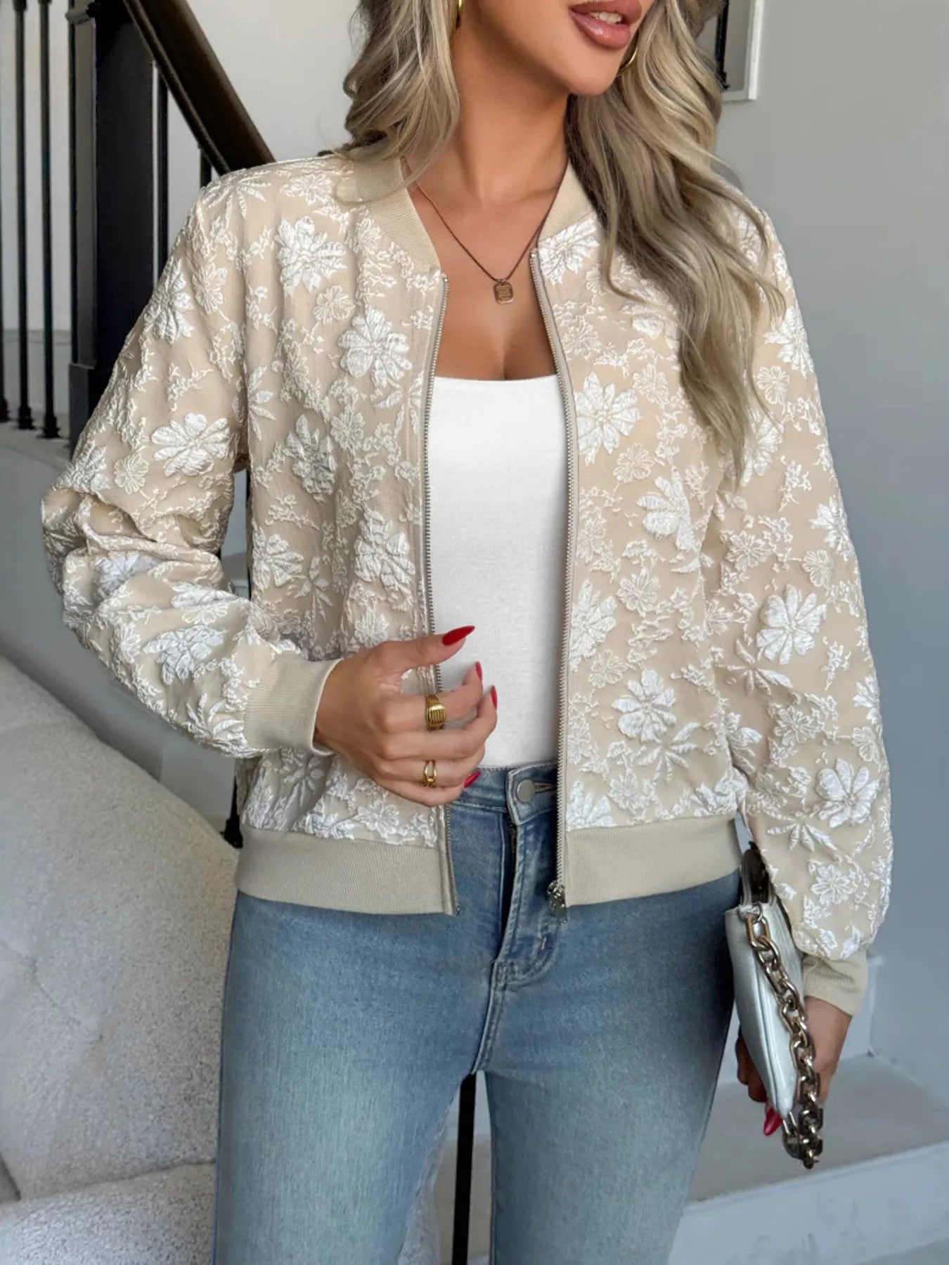 Zip Up Long Sleeve Jacket Khaki - Fashorio