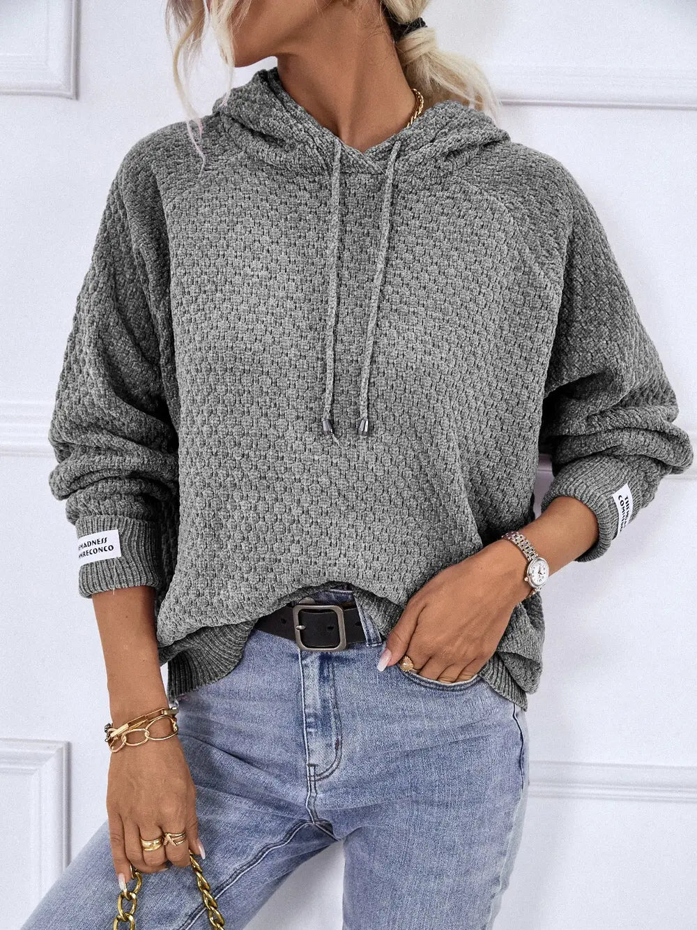 Texture Drawstring Long Sleeve Hooded Sweater - Fashorio