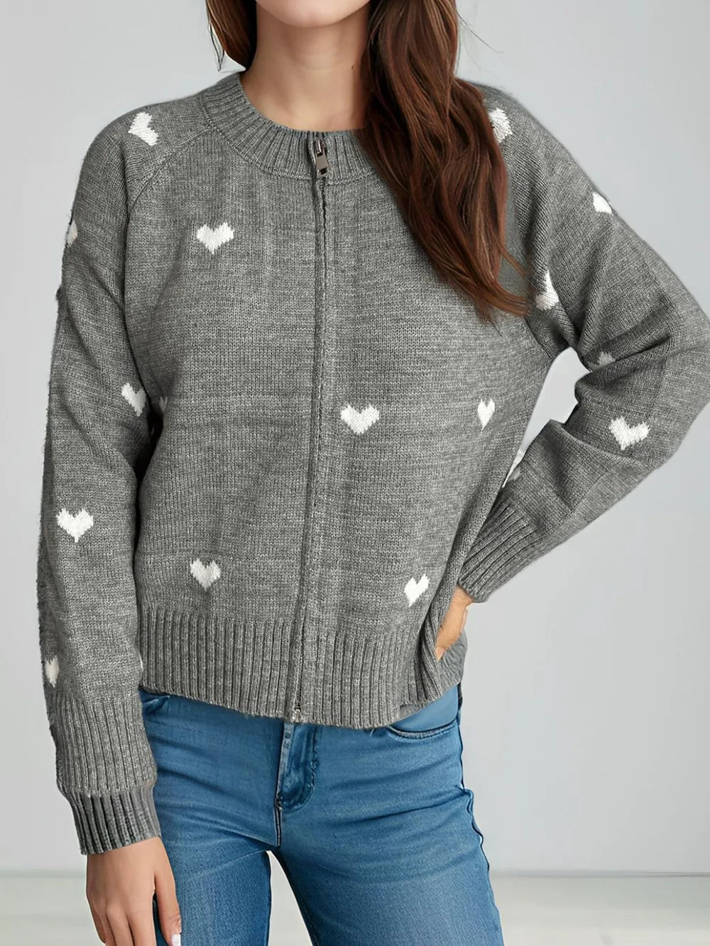 Heart Round Neck Zip Up Cardigan - Fashorio