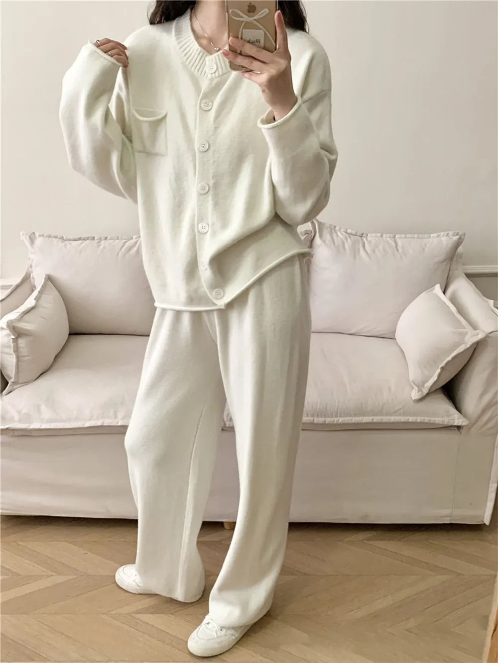 Pocketed Round Neck Button Up Cardigan and Pants Sweater Set - Fashorio
