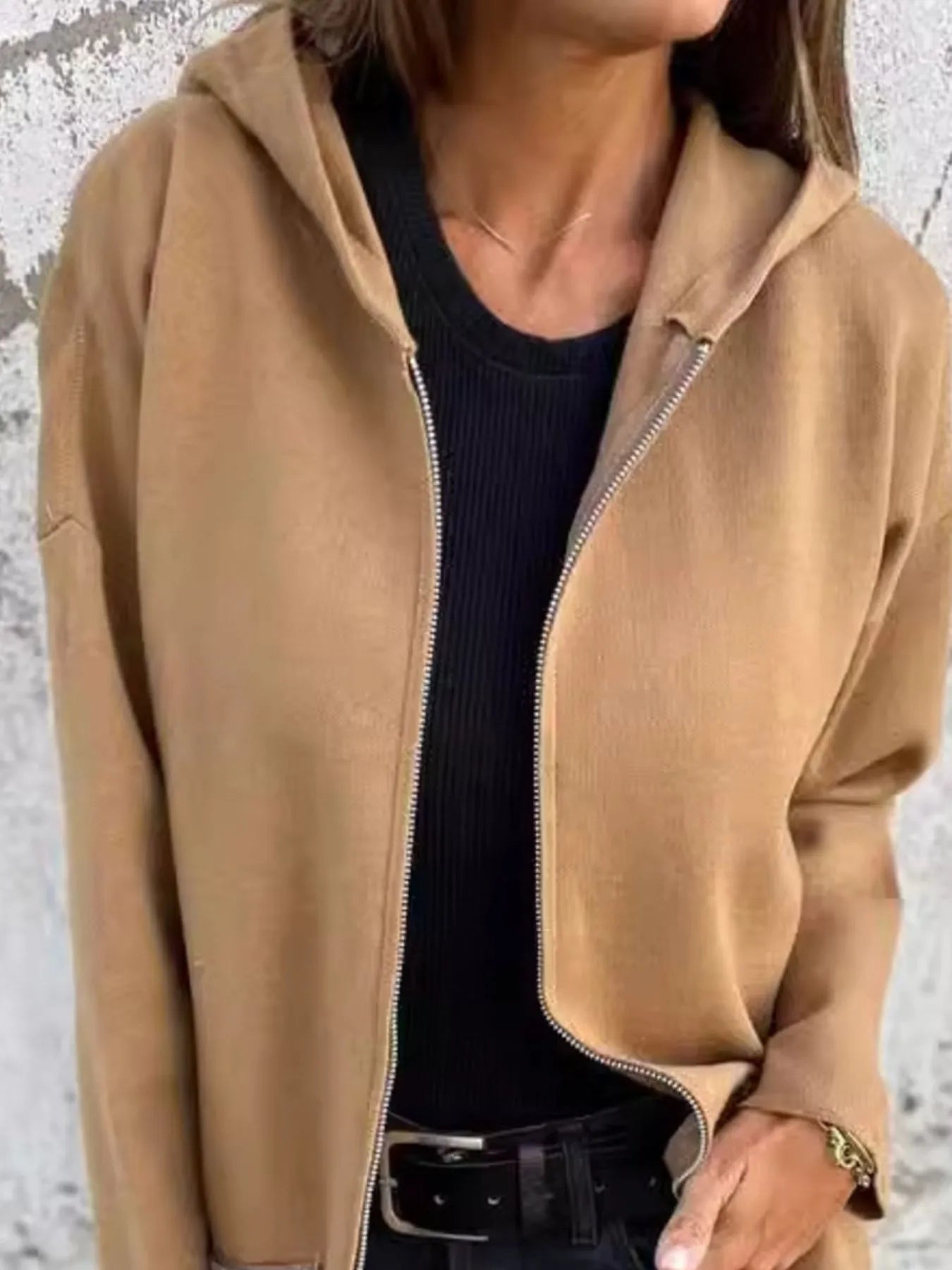 Full Size Zip Up Long Sleeve Hooded Outerwear Plus Size - Fashorio
