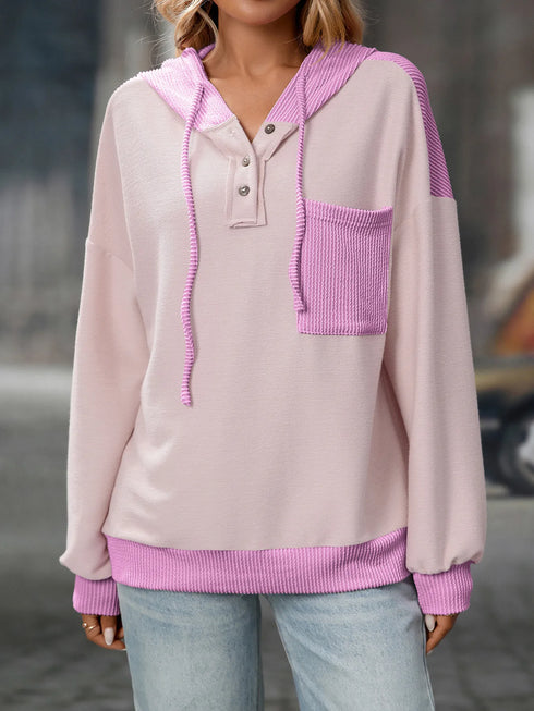 Drawstring Button Detail Long Sleeve Hoodie - Fashorio