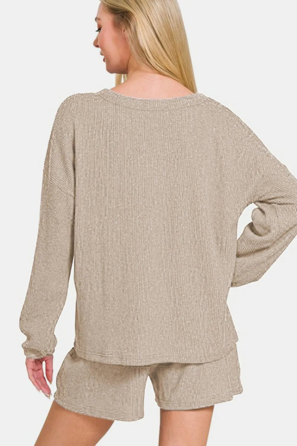 Zenana V-Neck Long Sleeve Ribbed Top and Shorts Set - Fashorio