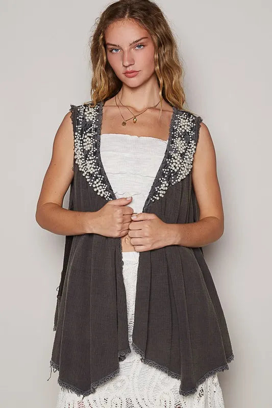 POL Embroidered Pearls Open Front Sleeveless Cardigan - Fashorio