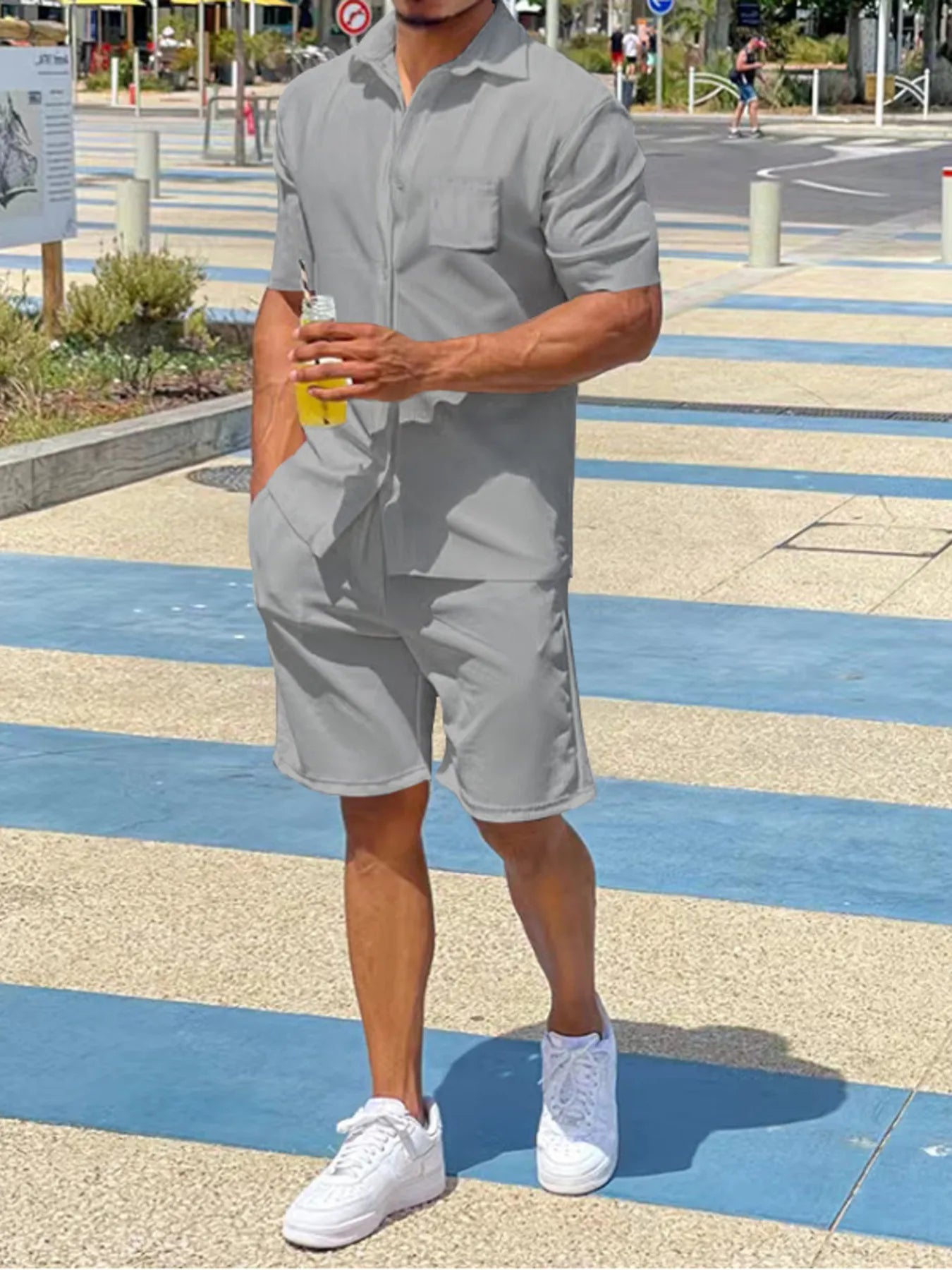 Men's Plus Size Button Up Shirt and Shorts Set Light Gray - Fashorio