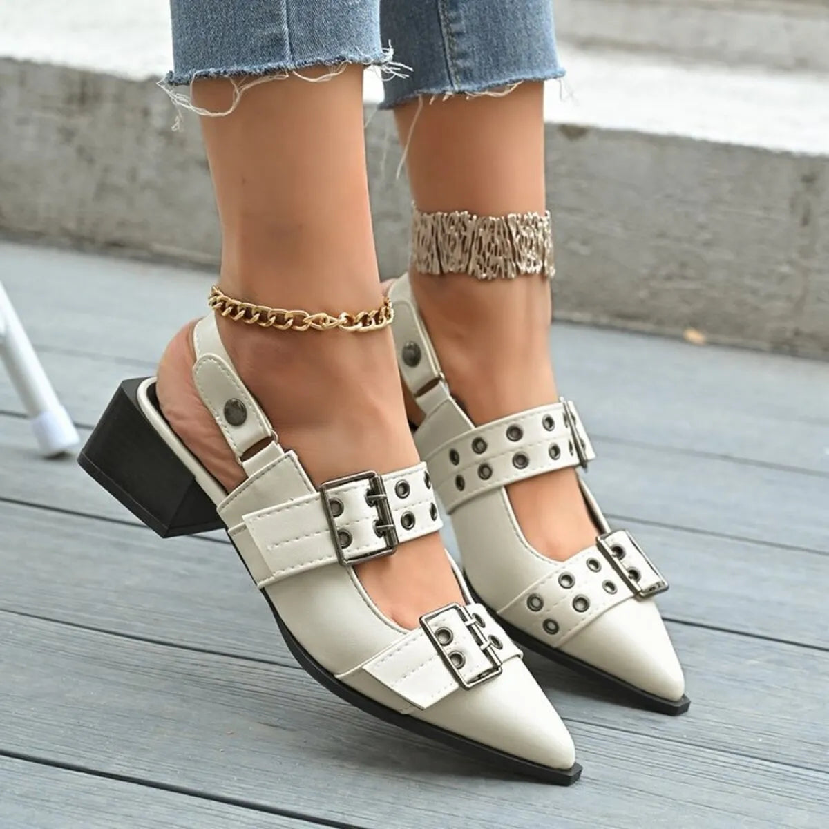 Point Toe Block Heels Slingback Pumps - Fashorio
