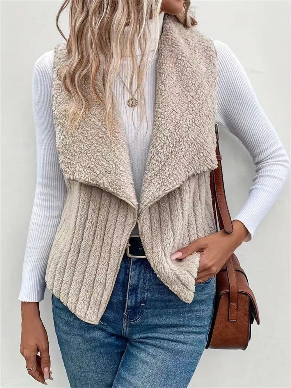 Open Front Fuzzy Vest Coat Dust Storm - Fashorio