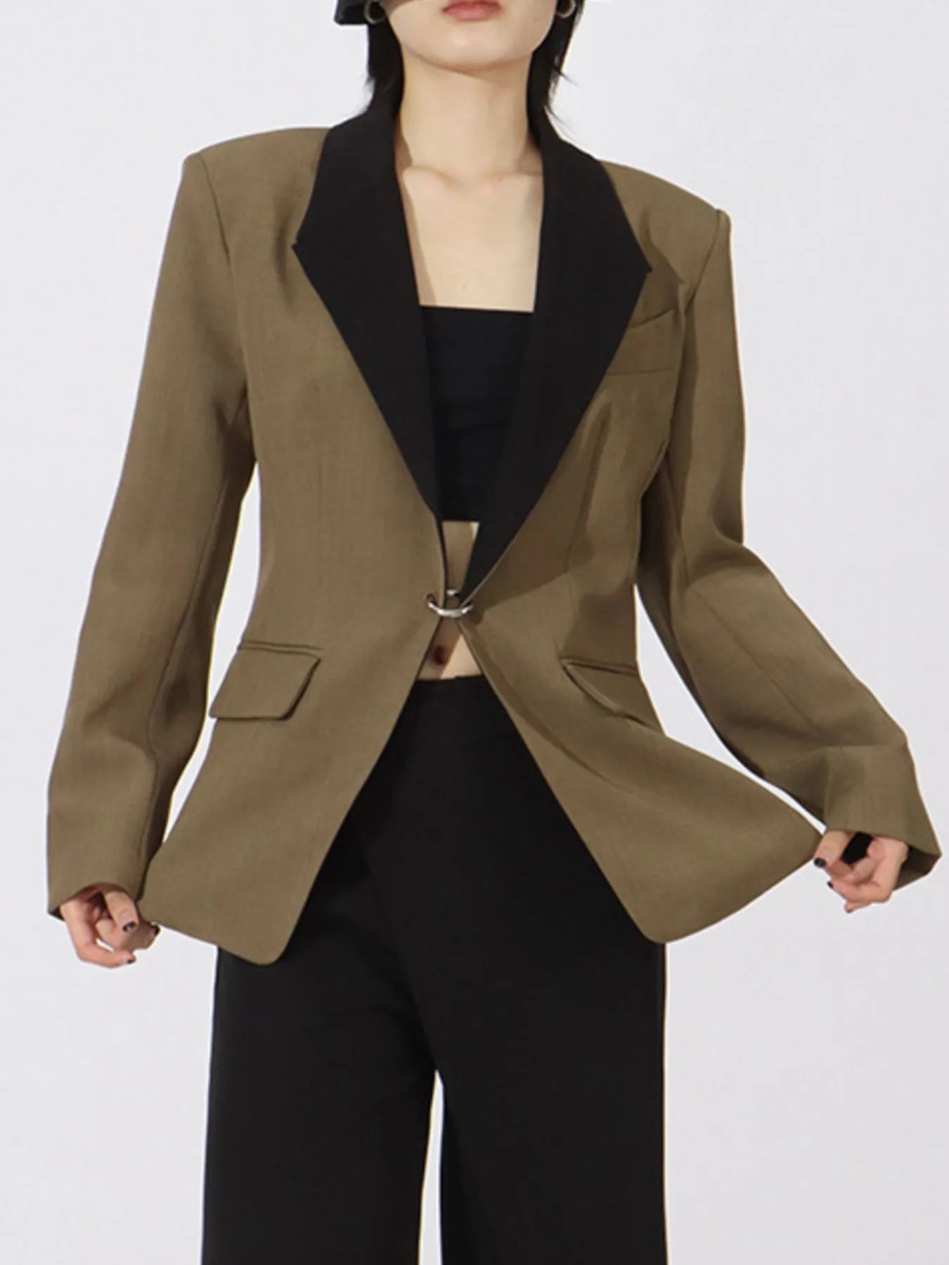 Contrast Lapel Collar Long Sleeve Blazer - Fashorio