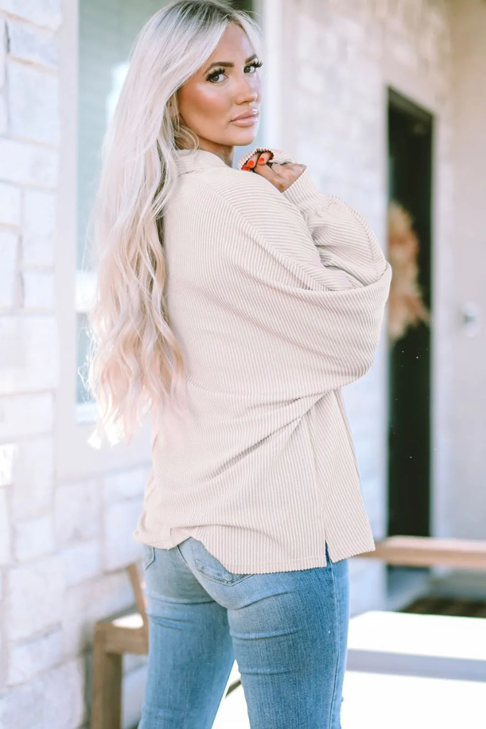 Collared Neck Half Button Long Sleeve Blouse - Fashorio