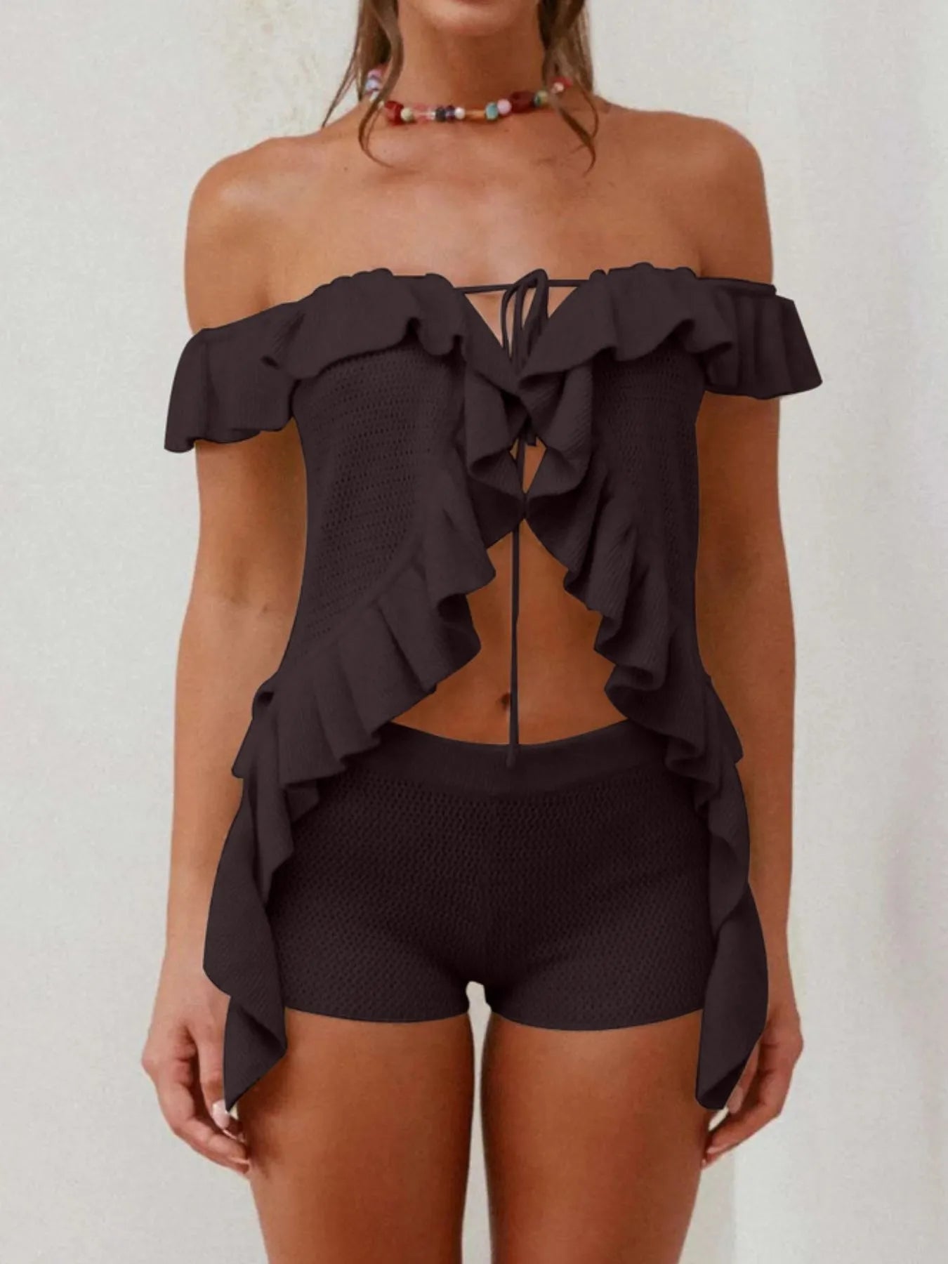 Off-Shoulder Ruffle Top and Shorts Sweater Set - Fashorio