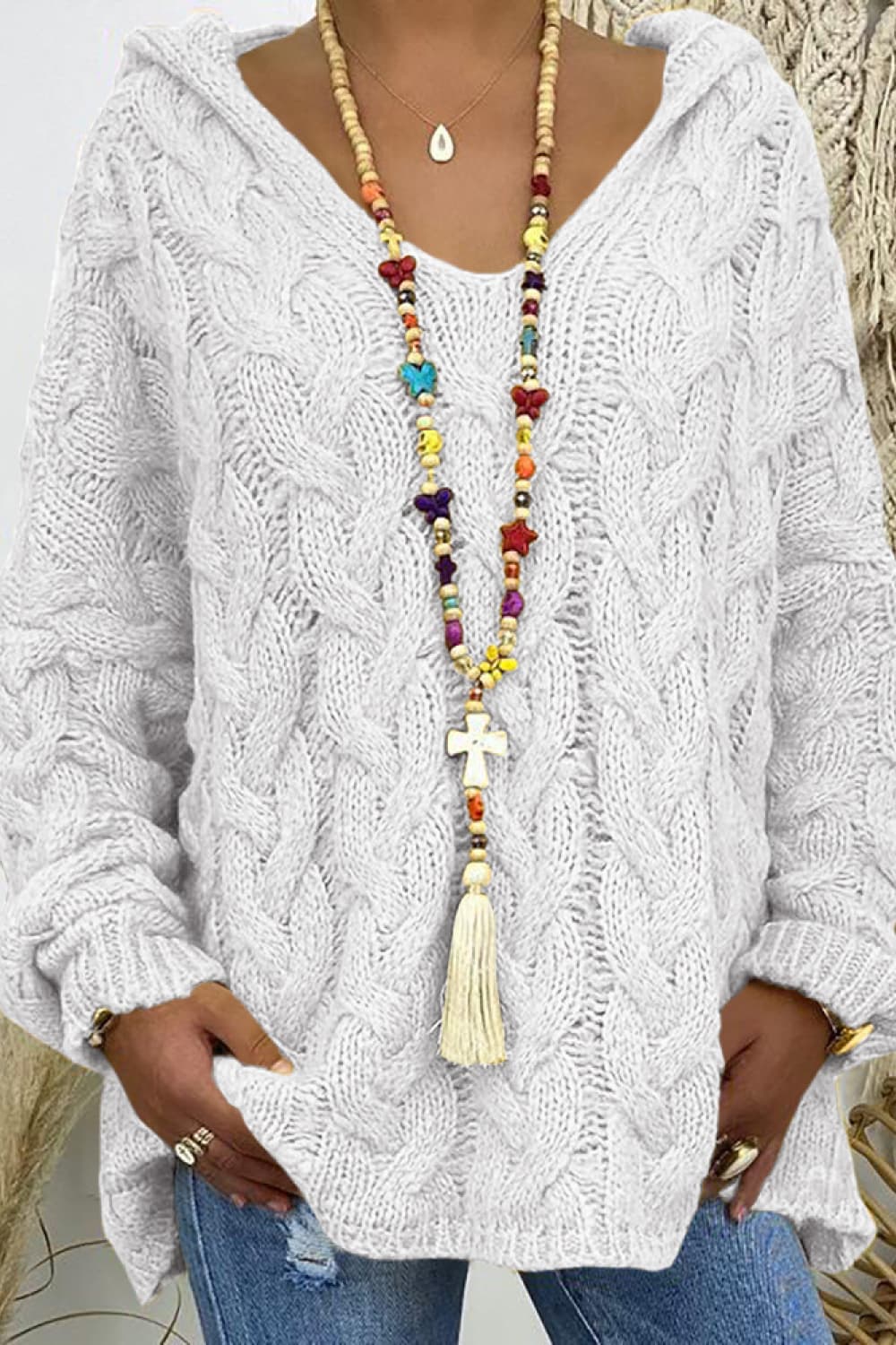 Cable-Knit Hooded Sweater - Fashorio