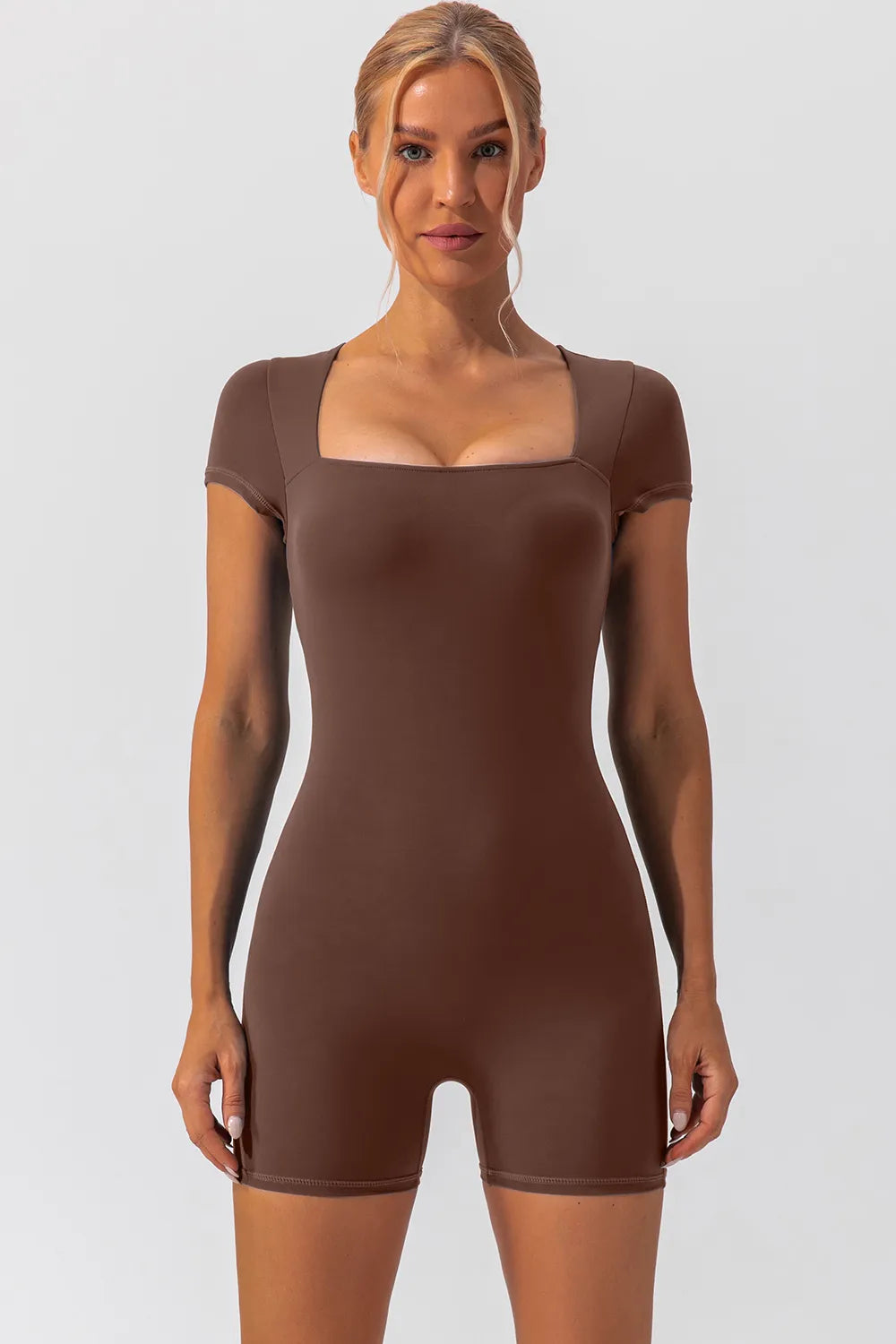 Square Neck Cap Sleeve Active Romper Brown - Fashorio