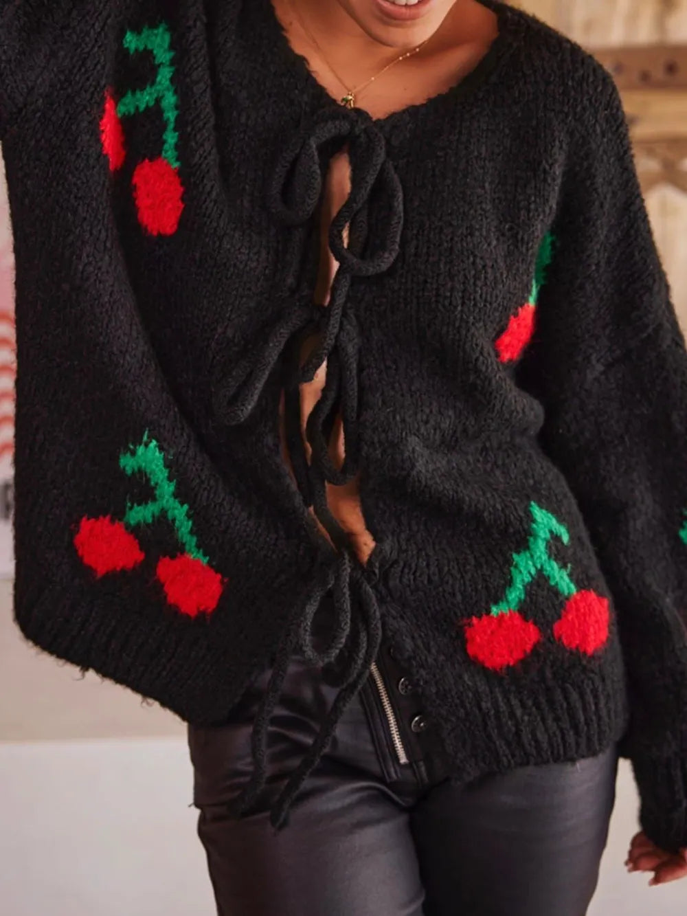 Tied Cherry Round Neck Long Sleeve Cardigan - Fashorio