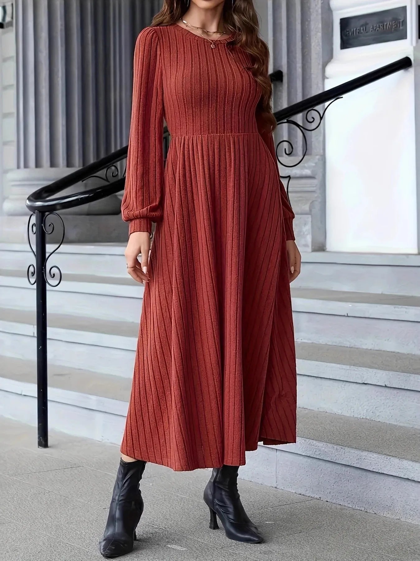 Ribbed Long Sleeve Sweater Dress Rust - Fashorio