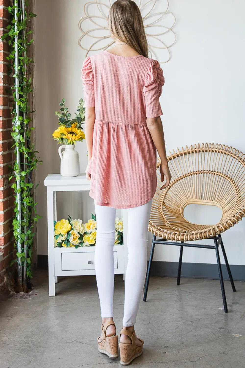 Heimish Full Size Waffle Knit V-Neck Babydoll Top - Fashorio