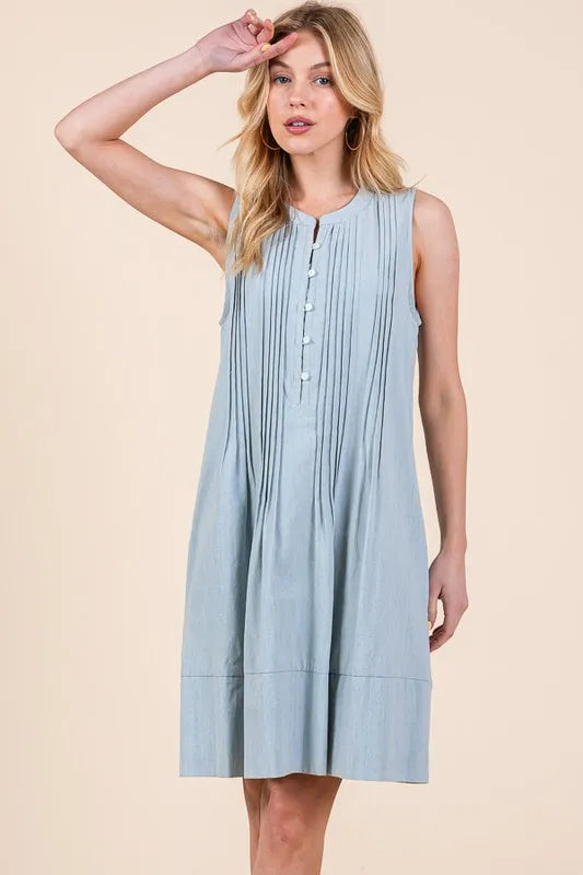 Lime 'N' Chili Denim Pintuck Detail Sleeveless Midi Dress LT DENIM - Fashorio