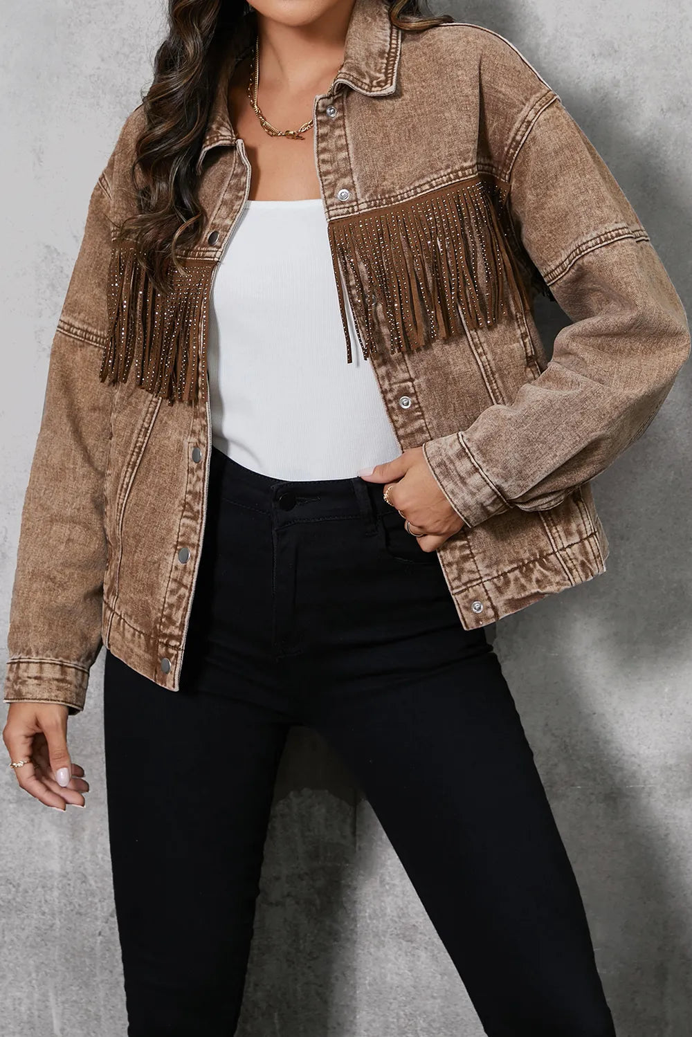 Fringe Trim Snap Down Denim Jacket - Fashorio