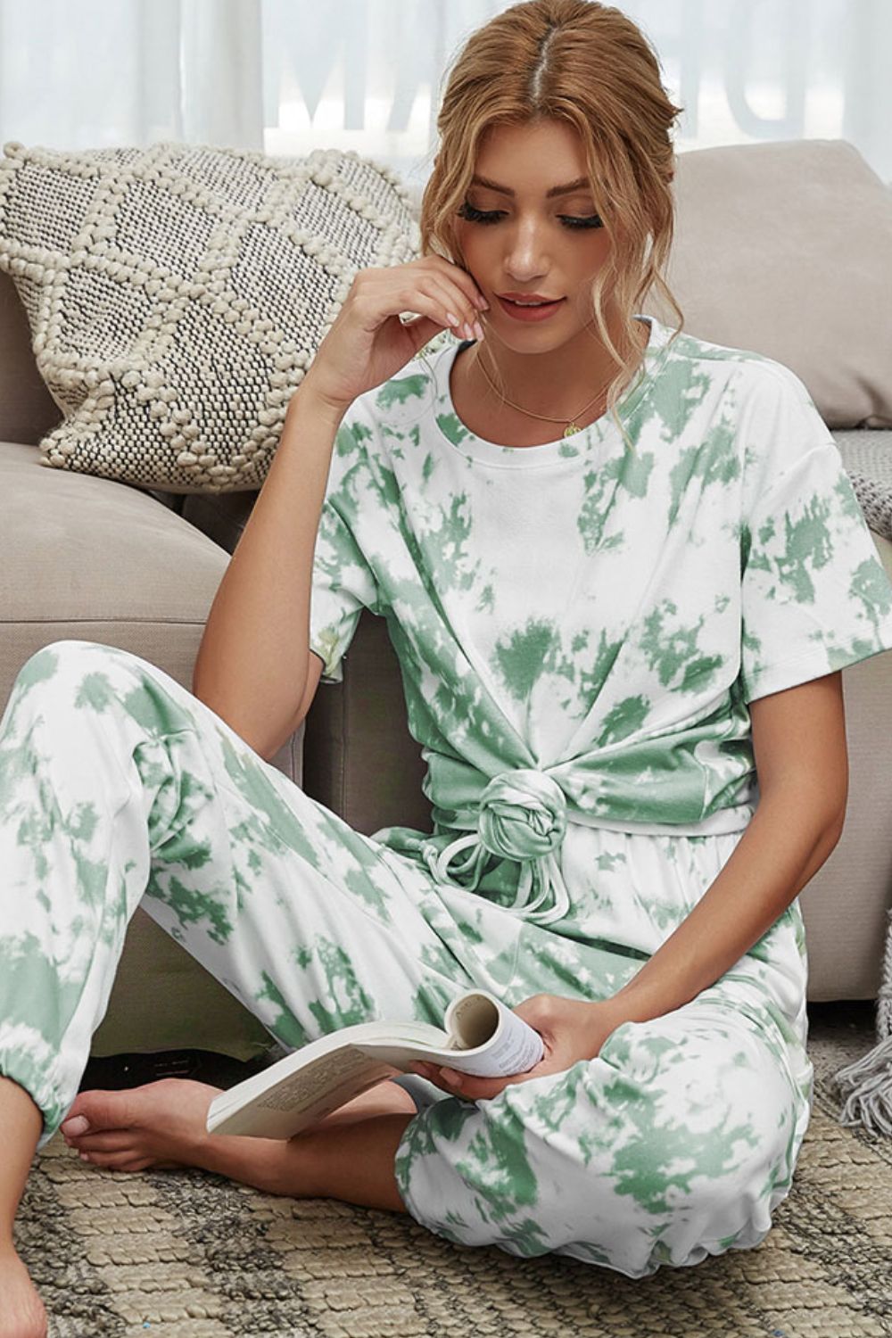 Shiny Tie-Dye Tee and Drawstring Waist Joggers Lounge Set - Fashorio