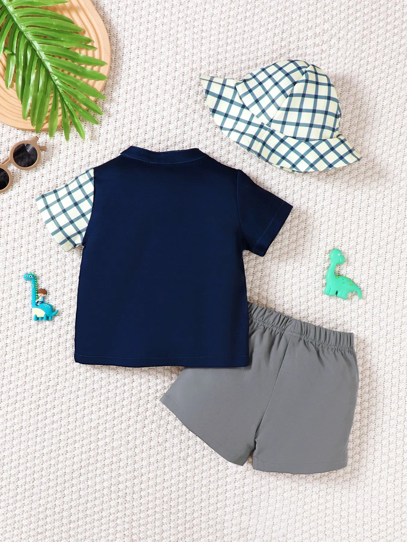 Children's Hat Dinosaur Plaid Button Up Top and Shorts 3-Piece Set - Fashorio