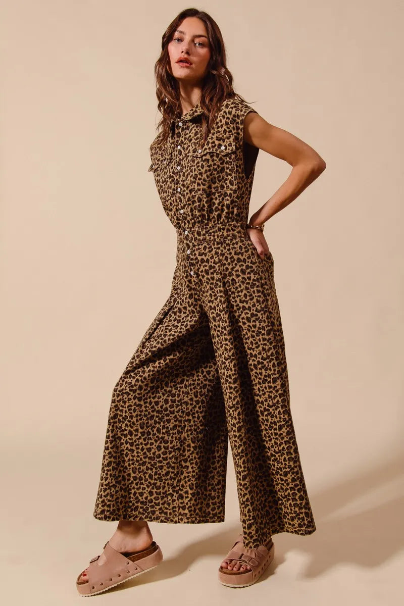 SO ME Wide Leg Leopard Twill Overalls Jumpsuit with Tuck - Fashorio