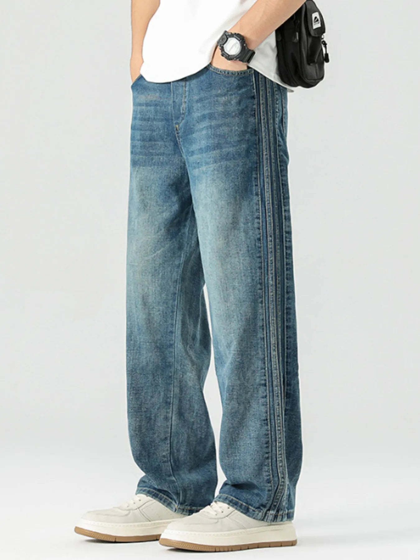 Men's Plus Size Vintage Straight Leg Jeans with Side Stripes - Fashorio