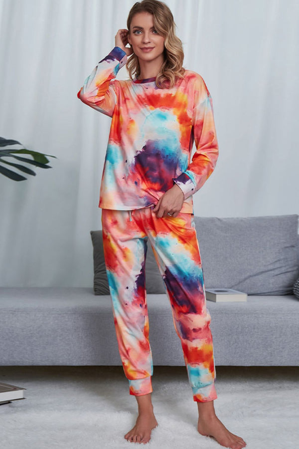 Shiny Tie-Dye Crewneck Top and Drawstring Waist Joggers Lounge Set Orange - Fashorio