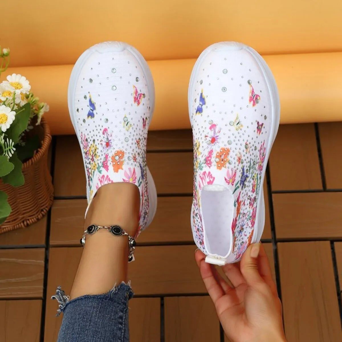 Rhinestone Floral Print Sneakers - Fashorio