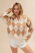 BiBi Diamond Pattern Collared Notch Neck Sweater - Fashorio