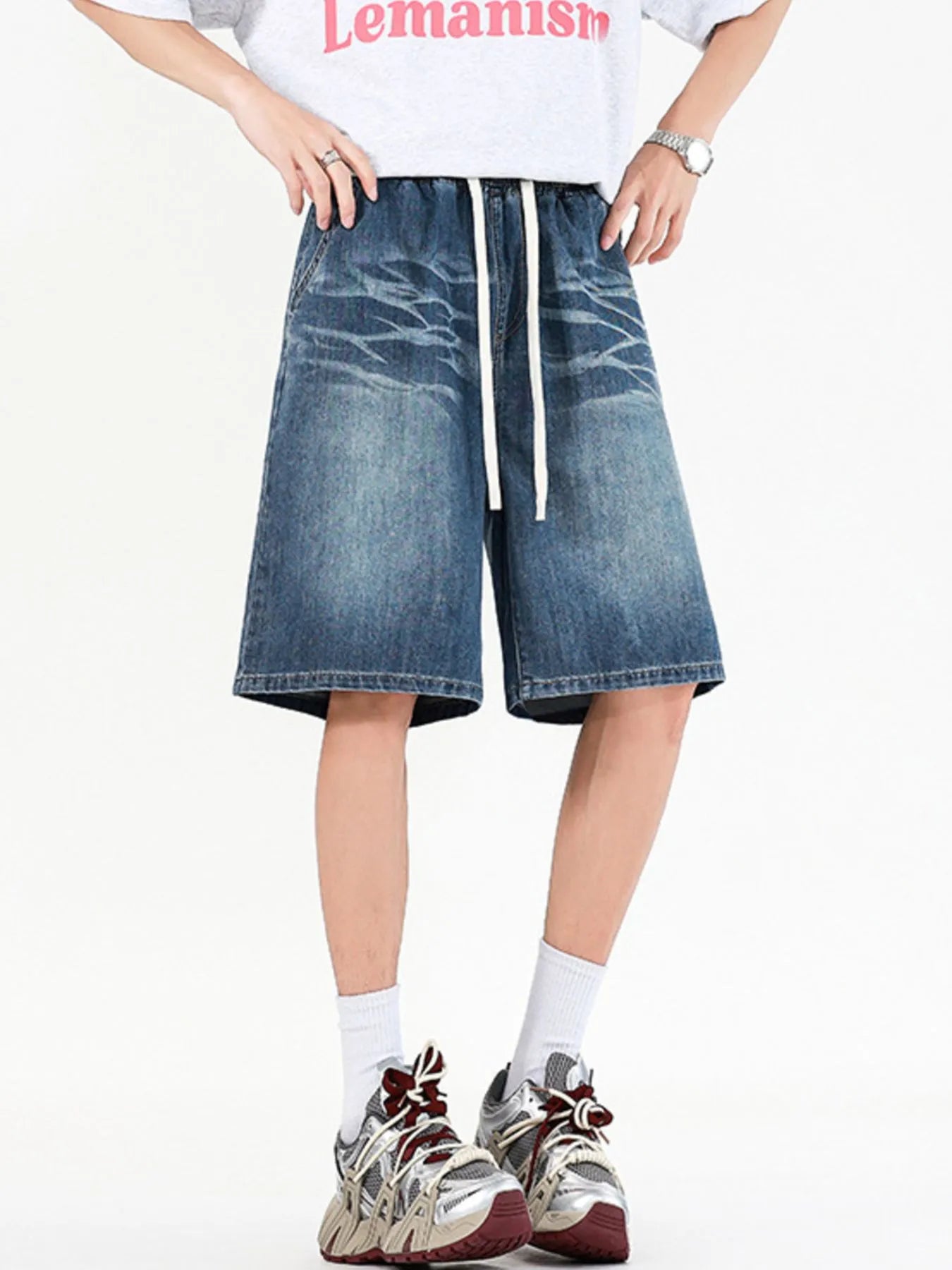 Men's Full Size Relaxed Fit Denim Shorts with Drawstring Waist Plus Size - Fashorio