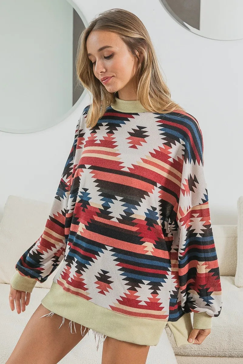 BiBi Aztec Print Mirr Mock Neck Lslv Top - Fashorio