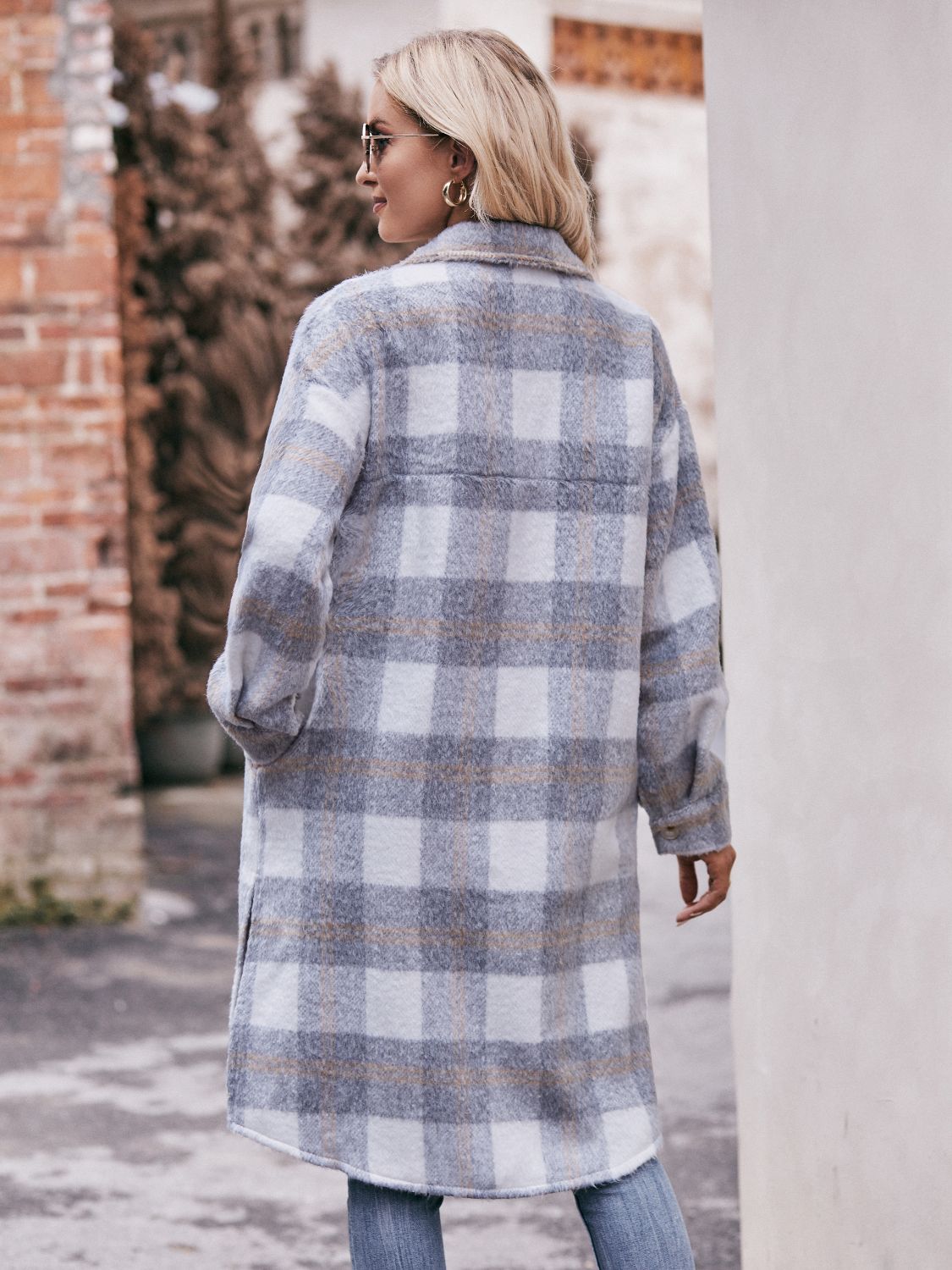 Mandy Plaid Dropped Shoulder Slit Coat - Fashorio