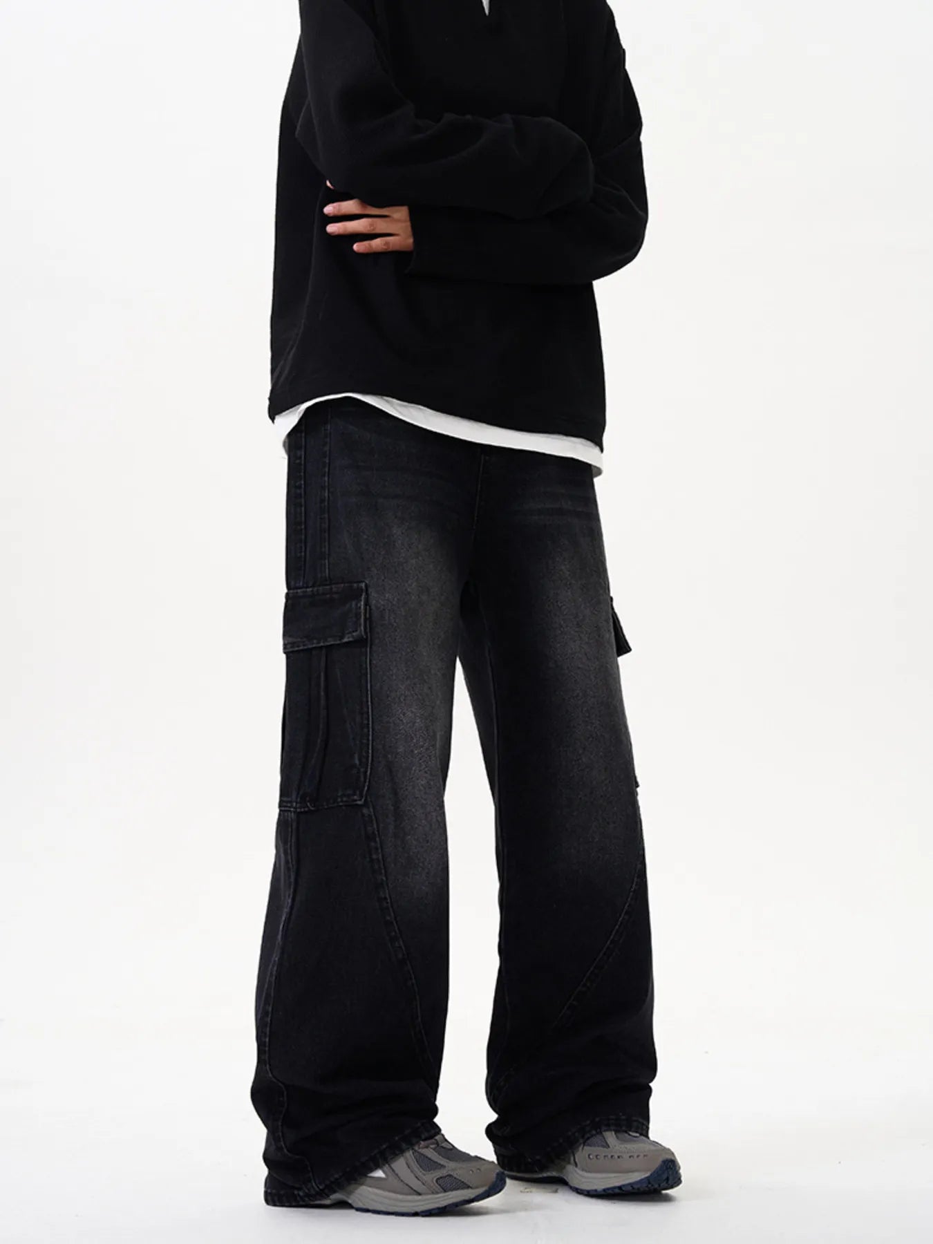 Men's Vintage Washed Wide Leg Cargo Jeans - Fashorio