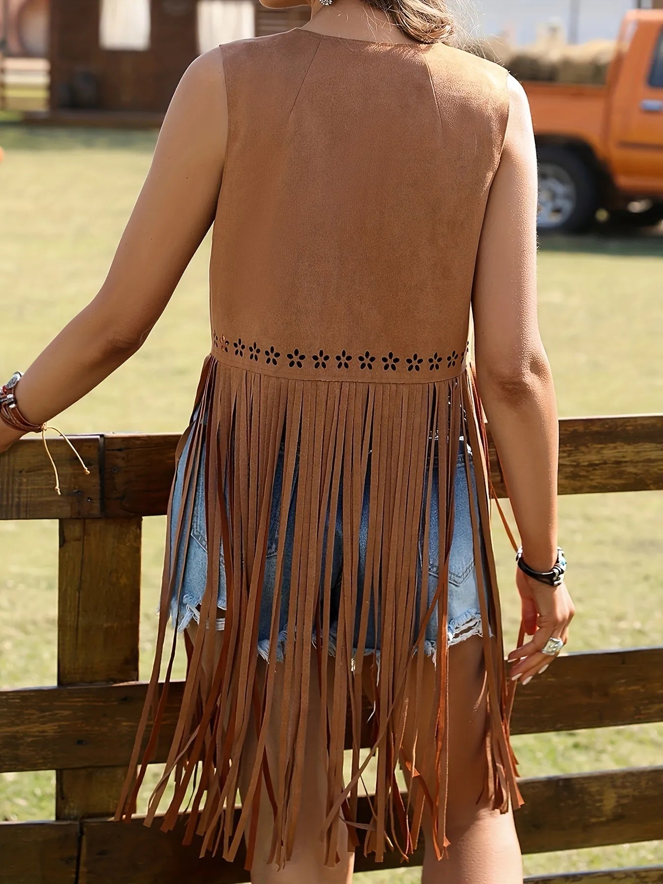 Fringe Cutout Detail Sleeveless Vest Coat - Fashorio