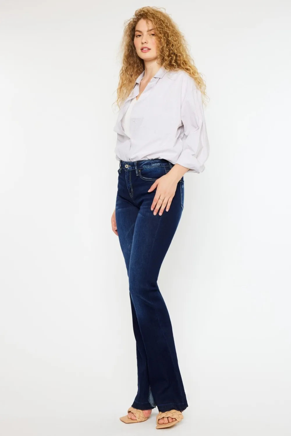 Kancan Mid Rise Slim Flare Jeans – Dark Stonewash Denim - Fashorio