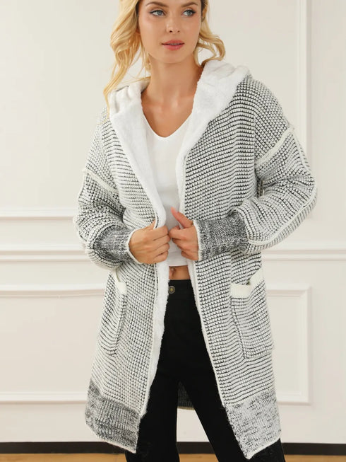 Open Front Hooded Winter Coat with Pockets - Fashorio