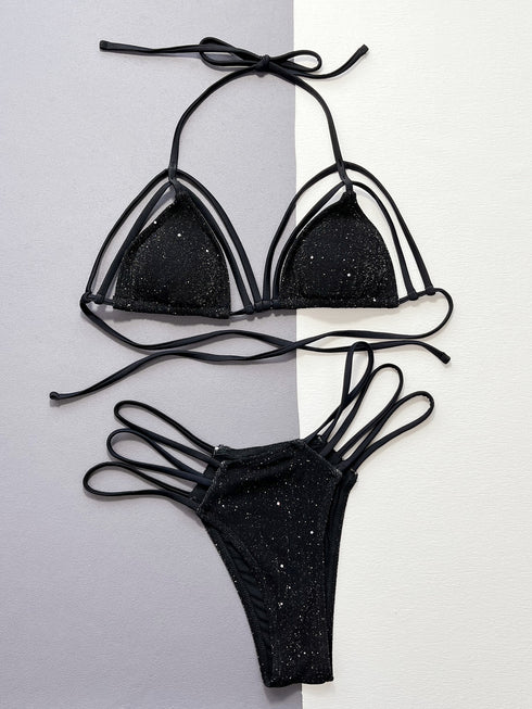 Glitter Halter Neck Strappy Two-Piece Bikini Set - Pads - Fashorio