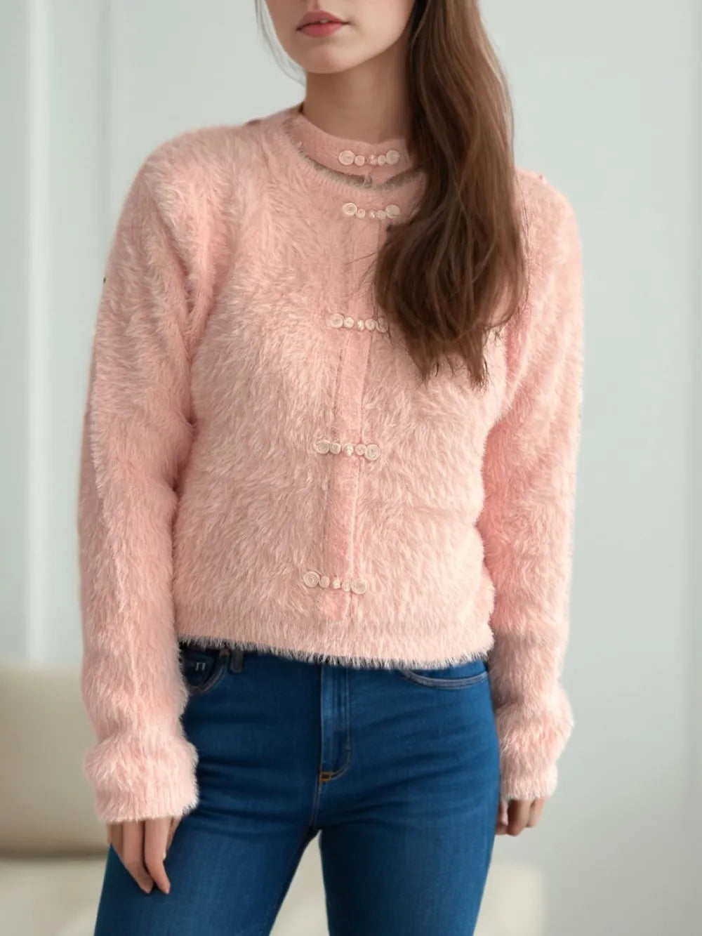 Cutout Knot Button Long Sleeve Cardigan - Fashorio