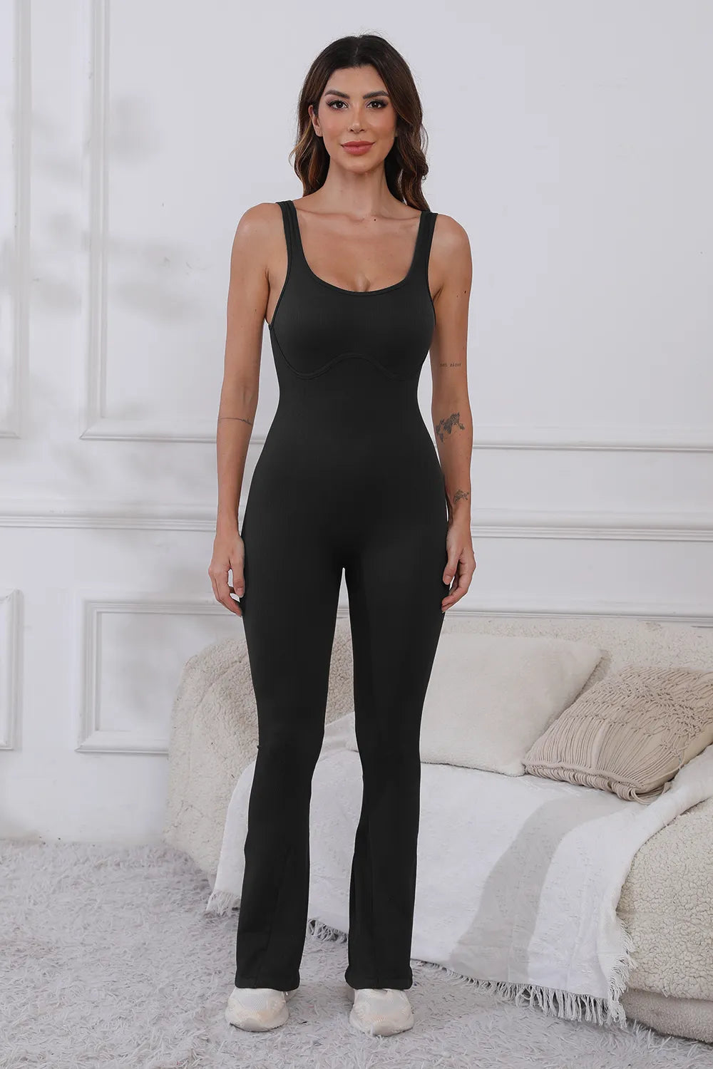 Scoop Neck Wide Strap Active Jumpsuit - Fashorio