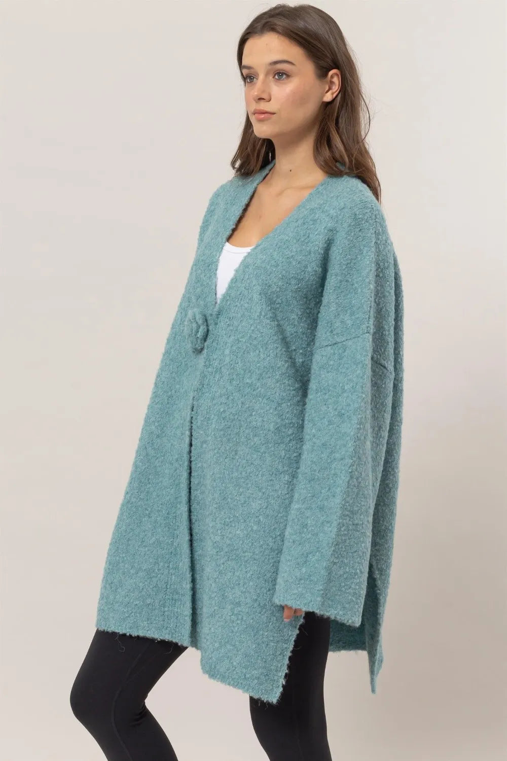 HYFVE Front Rosette Longline Slit Sweater Cardigan - Fashorio