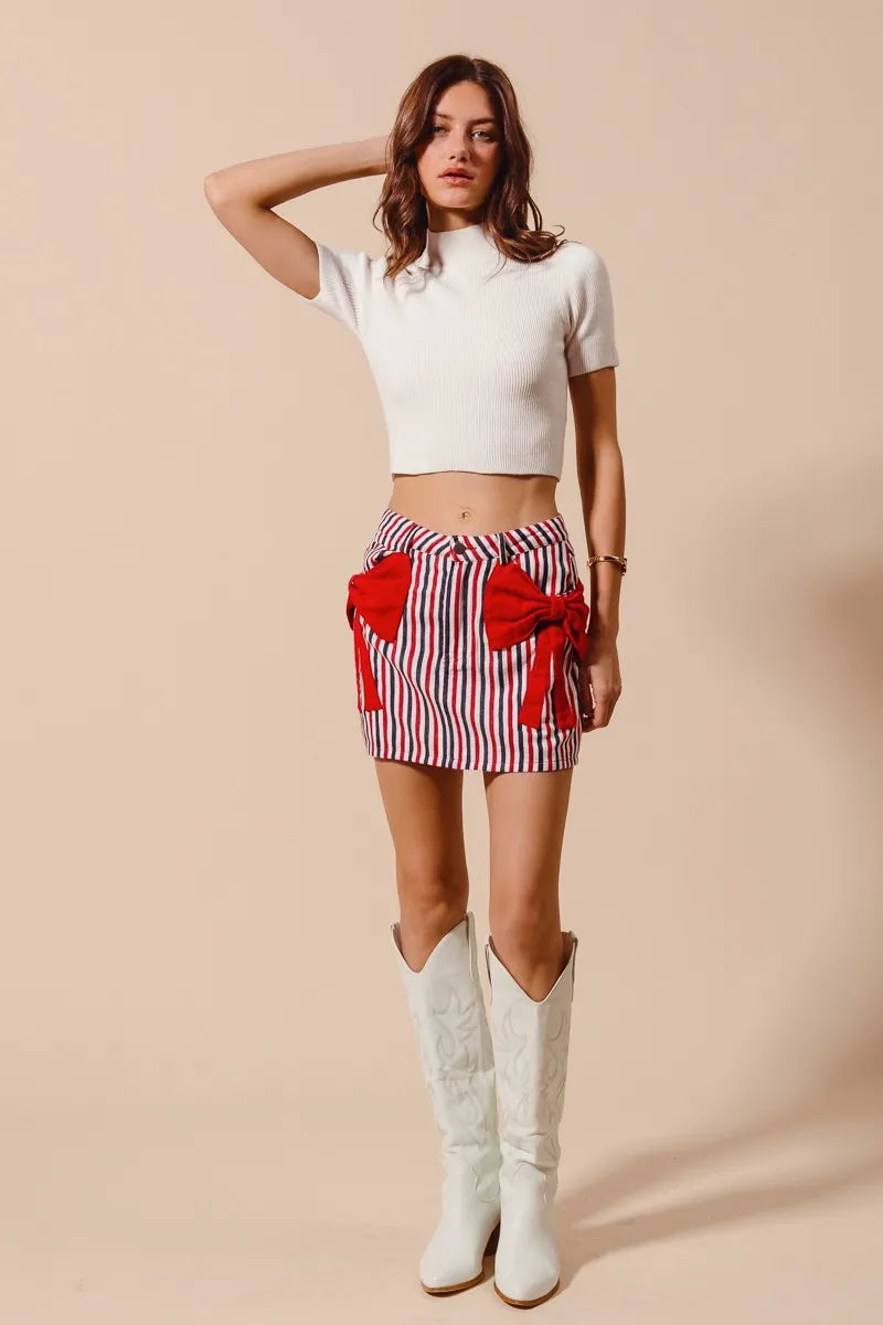 SO ME Contrast Bow Knot Pocket Fourth Of July Denim Skirt - Fashorio