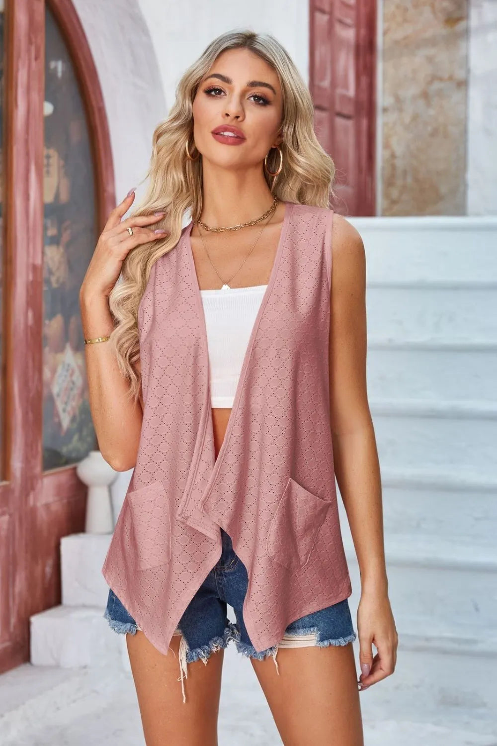 Eyelet Open Front Sleeveless Cardigan Pink Purple - Fashorio