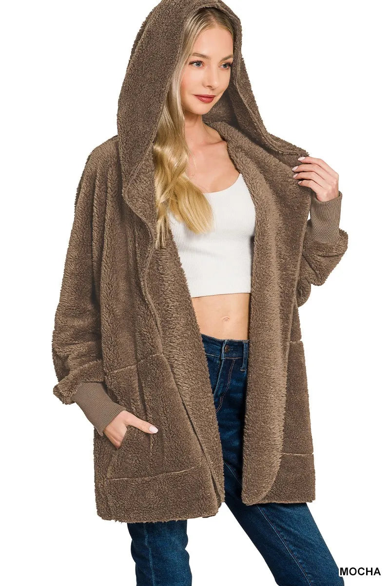 Hooded Faux Fur Jacket with Pockets and Cozy Lining Mocha - Fashorio