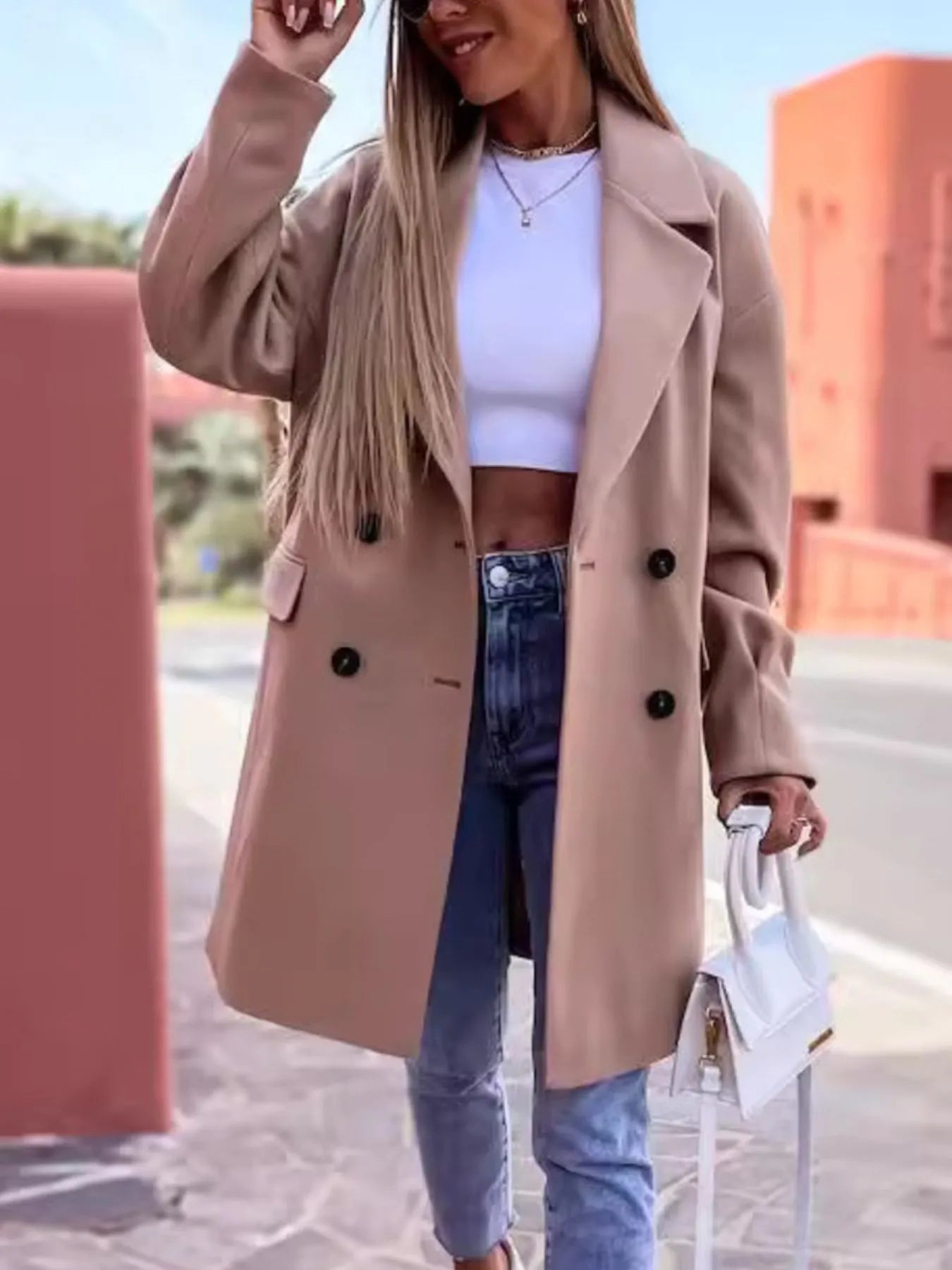 Full Size Double-Breasted Wool Coat Plus Size - Fashorio
