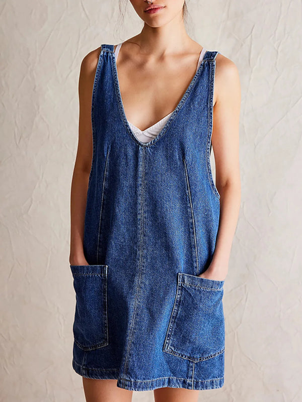 Oversized V-Neck Denim Tank Dress with Front Pockets Navy - Fashorio
