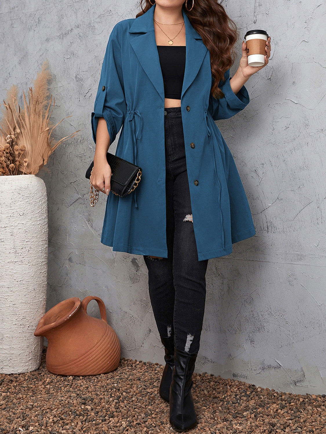Honey Plus Size Lapel Collar Drawstring Roll-Tab Sleeve Trench Coat - Fashorio