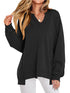 Notched Long Sleeve Oversized Sweatshirt Black - Fashorio